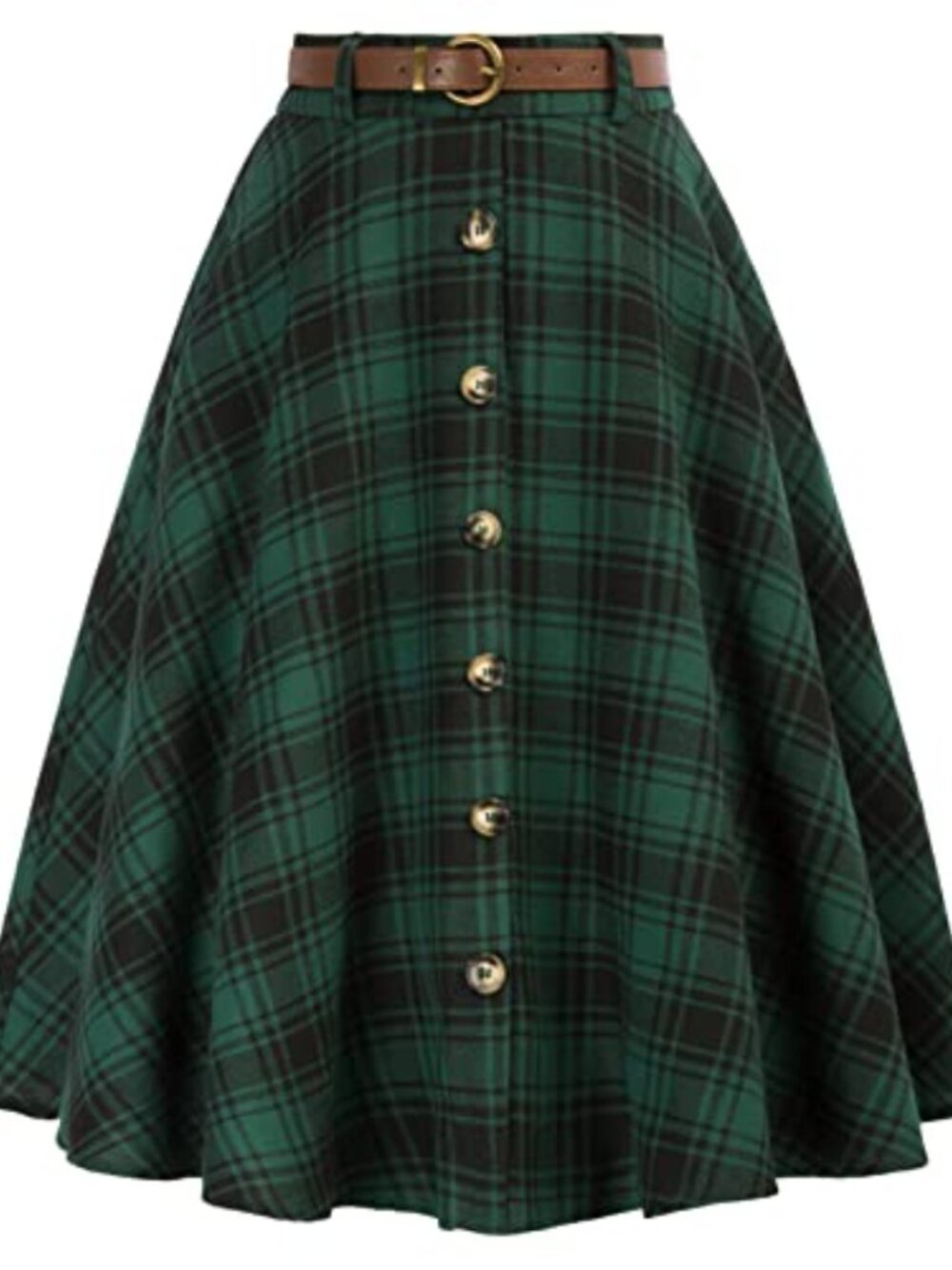 High Waisted A-Line Plaid Midi Skirt with Pockets & Belt